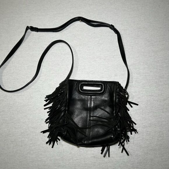 Maje Handbags - Maje black mini leather M bag with fringed trims and a detachable strap